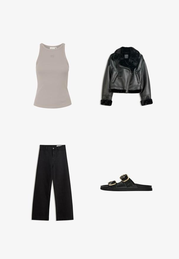 Svart bikerjacka i konstläder med mjuk pälskrage, ärmar och nederkant, med diagonal dragkedja och två fickor med dragkedja fram.; Ribbade, ärmlösa toppar i ljusgrått med rund halsringning och diskret branding på framsidan. Tillverkad av ett mjukt, elastiskt material.; Svarta vida denimbyxor med hög midja, med fram- och bakfickor, sydda sömmar och knappstängning. Slät textur.; Svart glidsandal med två guldfärgad spännen, slät textur av material, platt sula och en minimalistisk design.