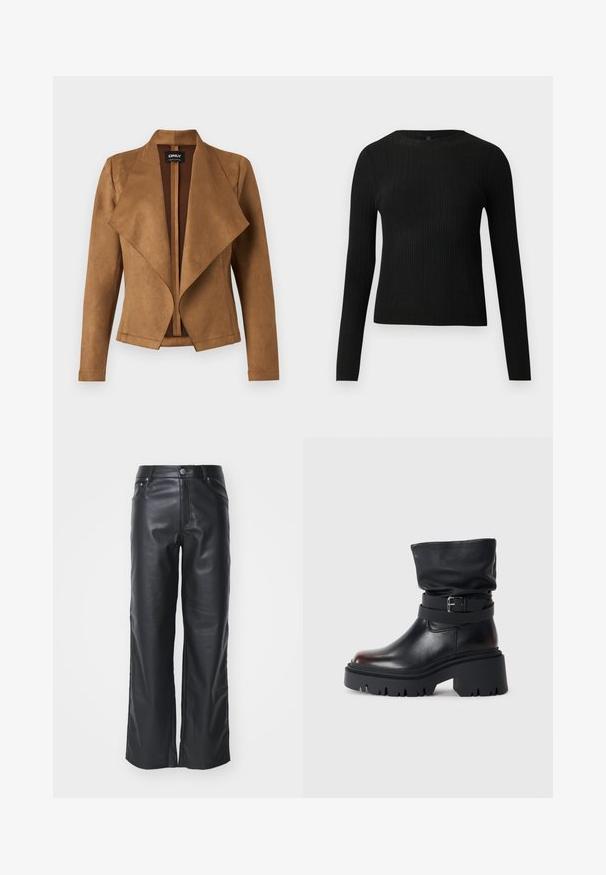 Rjava semiš jakna z drapirano sprednjo stranjo, dolgimi rokavi in skrojenim krojem. Ima širok ovratnik in čist, odprt dizajn.; Črna rebrasta dolgosleeve prilegnjena pulover s krožnim ovratnikom, prikazan na enostavni svetli podlagi.; Črne usnjene hlače širokega kroja z gladko teksturo, z zapiranjem na gumb spredaj in obliko s petimi žepi. Oblikovane za sproščen videz.; Črne usnjene gležnjarje s sproščenim zgornjim delom, podrobnostjo z zaponko in debelim, robustnim podplatom. Imajo okroglo konico in gladko teksturo.