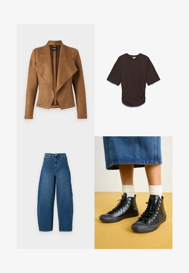 Brun mockakjol med draperad front, långa ärmar och skräddarsydd passform. Den har en bred krage och en ren, öppen design.; Brun bomulls t-shirt med rund necklinje, korta ärmar och rynkade sidodetaljer för textur och form.; Denimjeans i en medelblå tvätt, med hög midja, bred benkutt och standard femficksdesign med synliga sömnadsdetaljer.; Svart höga sneakers gjorda av slät läder. Har svarta snören, en gummisula och metallöglor. Pullas ihop med vita ribbade strumpor.