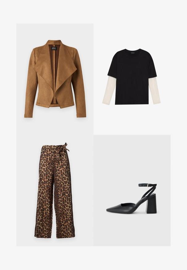 Bruine suède jas met een gedrapeerde voorkant, lange mouwen en een getailleerde pasvorm. Het heeft een brede kraag en een schone, open design.; Zwarte T-shirt van katoen, met korte mouwen over een witte lange mouw laag met een subtiel textuurpatroon. Ronde hals ontwerp.; Leopardprint wijde broek in bruin en zwart, met een gestrikt tailleband en een gladde stoftextuur.; Zwarte leren puntige pump met een enkelbandje en een chunky hak. Vlakke textuur, strakke vormgeving en minimalistische esthetiek.