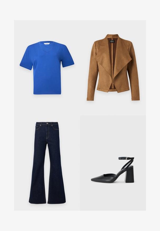 Pruun suede jope, millel on kattega esiosa, pikad varrukad ja kohandatud lõige. Sellel on lai krae ja puhas, avatud disain.; Sinine puuvillane V-kaelusega T-särk lühikeste varrukatega, millel on sile tekstuur ja klassikaline, mugav istuvus. Ilma nähtavate mustrite või kaunistusteta.; Tumedad sinised laiad teksapüksid, millel on kõrge vöökoht, ees olevad taskud ja kuldsed õmblusaktsendid. Sile tekstuur traditsioonilise lõikega.; Mustmustest must-käigukingad, millel on konksuga nöör ja paks konts. Ühtlane tekstuur, stiilne disain ja minimalistlik esteetika.