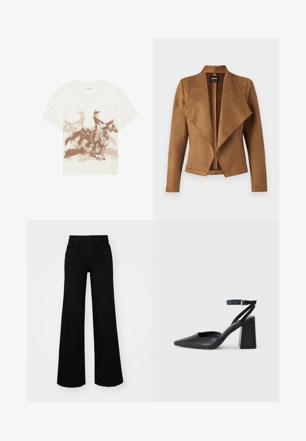 Brown suede jacket with a draped front, long sleeves, and a tailored fit. It features a wide collar and a clean, open design.; Light beige cotton t-shirt featuring a brown graphic print of two horseback riders in motion. Crew neckline and short sleeves.; Black wide-leg pants made of denim, featuring a structured waistband, belt loops, and front pockets. Smooth texture with a classic design.; Black leather pointy-toe pump with an ankle strap and a chunky heel. Flat texture, sleek design, and minimalistic aesthetics.
