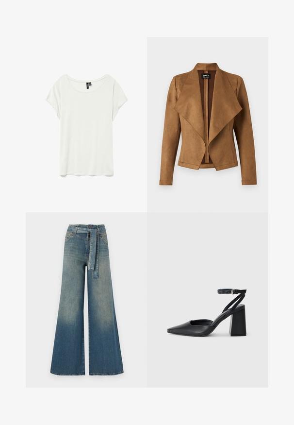 Brown suede jacket with a draped front, long sleeves, and a tailored fit. It features a wide collar and a clean, open design.; White short-sleeve t-shirt with a scoop neckline, made from smooth, lightweight fabric. Features a relaxed fit and no visible patterns or accents.; Wide-leg denim trousers featuring a light to dark blue gradient, high waist, belt loops, and a matching fabric belt. Textured denim finish.; Black leather pointy-toe pump with an ankle strap and a chunky heel. Flat texture, sleek design, and minimalistic aesthetics.
