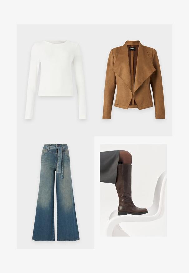 Brun suedejakke med drapert front, lange ermer og skreddersydd passform. Den har en bred krage og et rent, åpent design.; Hvit langermet ribbestrikket topp med rund hals. Glatt tekstur, tettsittende design og ingen synlige mønstre eller detaljer. Enkelt og minimalistisk stil.; Bredde ben jeans med en lyseblå til mørkeblå gradient, høyt liv, beltehemper og et matchende belte i samme stoff. Teksturert denimoverflate.; Brune lærkne-høye støvletter med rund tå, glatt tekstur og minimal sømdetaljer, plassert mot en lys bakgrunn på en hvit stol.