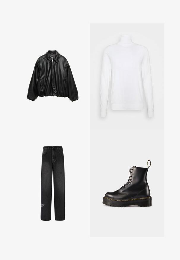 Czarna skórzana kurtka bombka o teksturowanym wykończeniu, z kołnierzem, zapięciem na zamek i elastycznym pasem. Posiada boczne kieszenie.; Biały sweter z golfem i długimi rękawami, wykonany z gładkiego materiału. Charakteryzuje się dopasowanym krojem oraz ściągaczami przy mankietach i dolnym wykończeniu. Brak wzorów i akcentów.; Czarne dżinsy o szerokich nogawkach i wysokim stanie, z dwoma przednimi kieszeniami i dekoracyjnym logo na dolnej części nogi.; Czarne skórzane buty za kostkę z sznurówkami, z masywną czarną podeszwą i żółtym przeszyciem. Posiadają pętelkę z tyłu oraz okrągłe metalowe oczka.