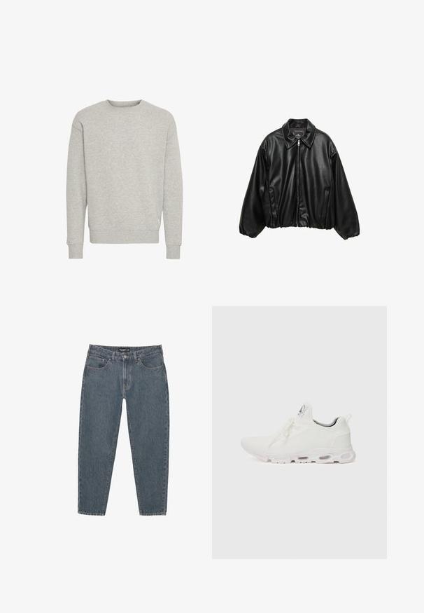 Sort læder bomberjakke med en struktureret overflade, med krave, lynlås lukning og elastisk talje. Har sidelommer.; Grå sweatshirt lavet af blød bomuldsblanding, med rund halsudskæring og ribbede manchetter. Enkelt design uden mønstre eller accenter.; Mørkeblå denim jeans med afslappet pasform, fem-lomme design, knaplukning og en let slidset kant. Holdbart materiale med subtil tekstur.; Hvide atletiske sko med en tekstureret strikket overdel, flade snørebånd og en polstret sål med synlige luftkamre for ekstra støtte.