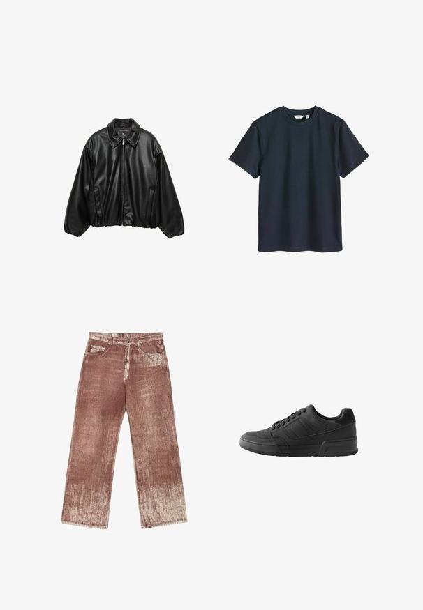 Zwarte leren bomberjack met een gestructureerde afwerking, een kraag, ritssluiting en elastische tailleband. Voorzien van zijzakken.; Navy blauw katoenen t-shirt met korte mouwen, ronde hals en een gladde textuur. Eenvoudig ontwerp zonder zichtbare logo's of patronen.; Bruine denim jeans hebben een textuur met een gradient ontwerp en lichter vervaging. Ze zijn voorzien van vier zakken en naden van zilverhardware.; Zwarte sneakers met een glad leren bovenwerk, contrasterende suède accenten, gestructureerde vorm en een getextureerde rubberen zool.