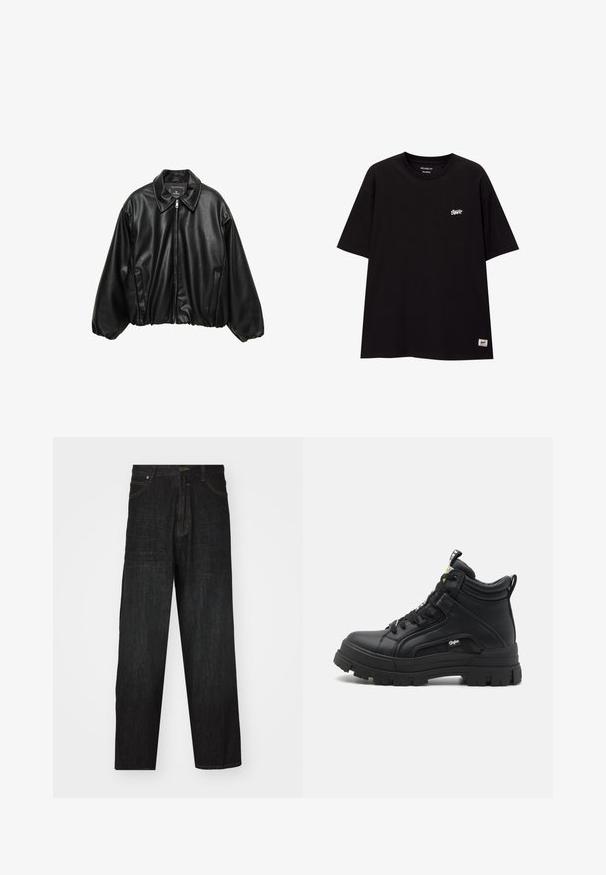 Črna usnjena pilotska jakna z teksturirano površino, ovratnikom, zadrgo in elastičnim pasom. Vsebuje stranske žepke.; Črna splošno prilegajoča majica iz bombaža s kratkimi rokavi. Ima majhen bel logo na prsih in nalepko na spodnjem robu.; Črne kavbojke s ravnim krojem, ki vključujejo gumbasto zapiranje, sprednje žepe in kontrastno šivanje ob šivih.; Črne visoke čevlje iz teksturirane usnje, ki imajo debel gumijast podplat, zavezovanje spredaj in majhen logotip na strani.
