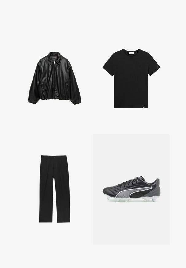 Črna usnjena pilotska jakna z teksturirano površino, ovratnikom, zadrgo in elastičnim pasom. Vsebuje stranske žepke.; Črn kratkolasasti T-majica iz bombaža z okroglim izrezom in majhnim logotipom vezenim na prsih. Gladka tekstura, standardna prileganja.; Črne hlače z ravnim krojem, narejene iz gladkega materiala. Imajo sprednje gube in enojno zaponko na pasu.; Črne nogometne kopačke z gladkim usnjenim zgornjim delom, belimi detajli in teksturiranimi elementi. Imajo nizki profil in prozorne klope za oprijem.
