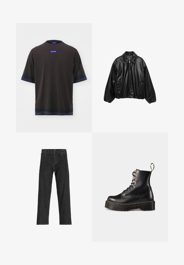 Giacca bomber nera in pelle con finitura testurizzata, colletto, chiusura con zip e vita elasticizzata. Presenta tasche laterali.; A-COLD-WALL* VERGE - T-shirt con stampa - brown; Jeans in denim nero con un design a gamba dritta, dotati di zip, passanti per cintura e sei tasche, realizzati in un resistente tessuto misto cotone.; Stivali alla caviglia in pelle nera con lacci, dotati di una suola nera spessa e cuciture gialle. Presentano una linguetta sul retro e occhielli metallici circolari.