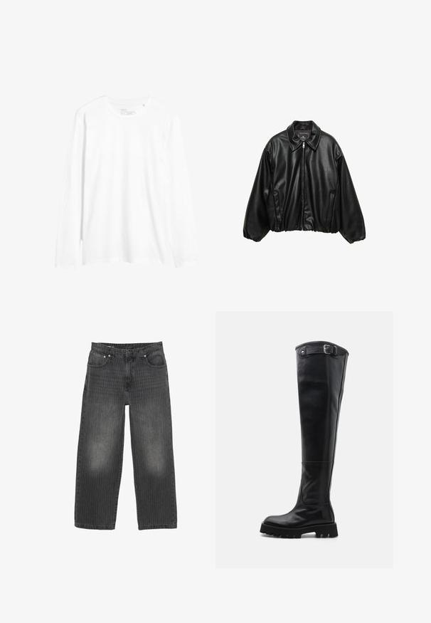 Černá kožená bomber bunda s texturovaným povrchem, límečkem, zipovým uzávěrem a elastickým pasem. Obsahuje boční kapsy.; Bílé tričko s dlouhým rukávem vyrobené z bavlny. Má kulatý výstřih, úzký střih a boční rozparky na spodním lemu. Jednoduchý design bez vzorů.; Černé široké džíny z denimu s jemnými vertikálními pruhy, designem s pěti kapsami a zapínáním na knoflíky vpředu. Opotřebovaný vzhled v blízkosti kapes.; Černé kožené boty do výšky ke kolenům s elegantním designem, s texturovaným povrchem, bočním přezkou a robustní podrážkou s dezénem.