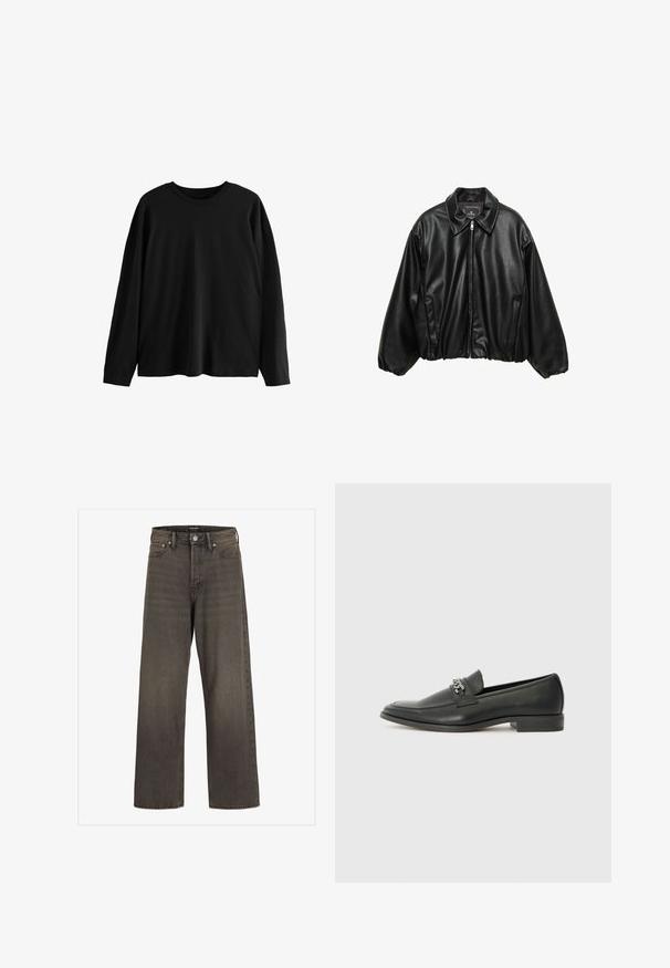 Schwarze Leder-Bomberjacke mit strukturierter Oberfläche, Kragen, Reißverschluss und elastischem Bund. Verfügt über seitliche Taschen.; Next LONG SLEEVE CREW NECK - Langarmshirt - black; Weite Jeans aus dunkelgrauem Denim mit hoher Taille, klassischem Fünf-Taschen-Design und kontrastierendem Stepp entlang der Nähte.; Schwarzer Lederloafer mit glatter Oberfläche, ausgestattet mit einer gesteppten Gestaltung und einem dekorativen Metallkettendetail über dem Vorderblatt. Flacher Absatz.