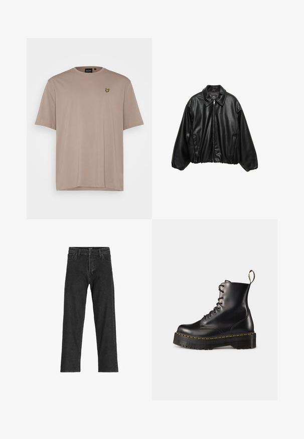 Crna kožna bomber jakna s teksturiranim finišom, ovratnikom, zatvaranjem na munju i elastičnim pojasom. Sadrži bočne džepove.; Lyle & Scott PLAIN - Osnovna majica kratkih rukava - heritage taupe; Crne traperice s ravnim krojem, s patentnim zatvaračem, petljama za pojas i šest džepova, izrađene od čvrste mješavine pamuka.; Crne kožne čizme s vezanjem do članka, s debelim crnim potplatom i žutim šavom. Imaju traku za povlačenje na stražnjoj strani i okrugle metalne rupice.