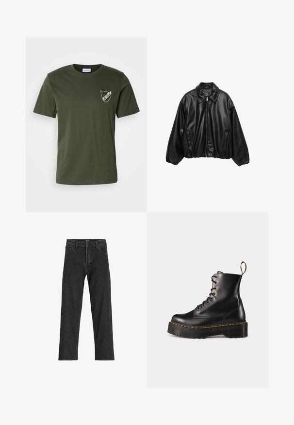Černá kožená bomber bunda s texturovaným povrchem, límečkem, zipovým uzávěrem a elastickým pasem. Obsahuje boční kapsy.; Olivově zelené bavlněné tričko s kulatým výstřihem, krátkými rukávy a malým vyšitým logem štítu na levé straně hrudi. Hladká textura.; Černé džíny s rovnými nohavicemi, s zipem na přední části, poutky na pásek a šesti kapsami, vyrobené z odolné bavlněné směsi.; Černé kožené kotníkové boty na šněrování s mohutnou černou podrážkou a žlutým prošíváním. Mají poutko na zadní straně a kulaté kovové očko.