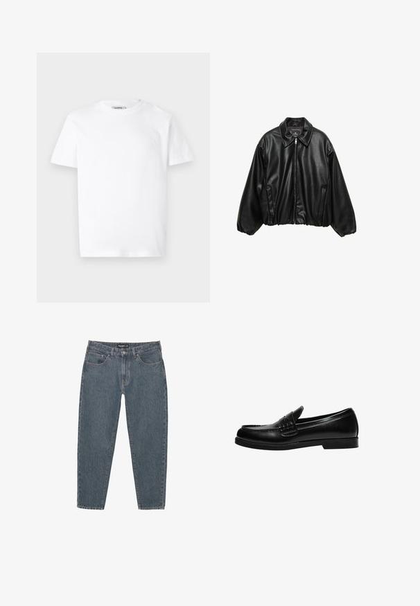 Crna kožna bomber jakna s teksturiranim finišom, ovratnikom, zatvaranjem na munju i elastičnim pojasom. Sadrži bočne džepove.; Bijela pamučna majica s okruglim izrezom i kratkim rukavima. Ima mali, otisnuti logo na lijevom prsnom dijelu. Glatka tekstura.; Tamno plave traperice s opuštenim krojem, dizajnom od pet džepova, kopčanjem na dugme i lagano oštrim rubom. Izdržljiv materijal s suptilnom teksturom.; Crna kožna loafer cipela s glatkom površinom, koja ima šavnu obradu na gornjem dijelu i nisku, čvrstu crnu gumenu podlogu.