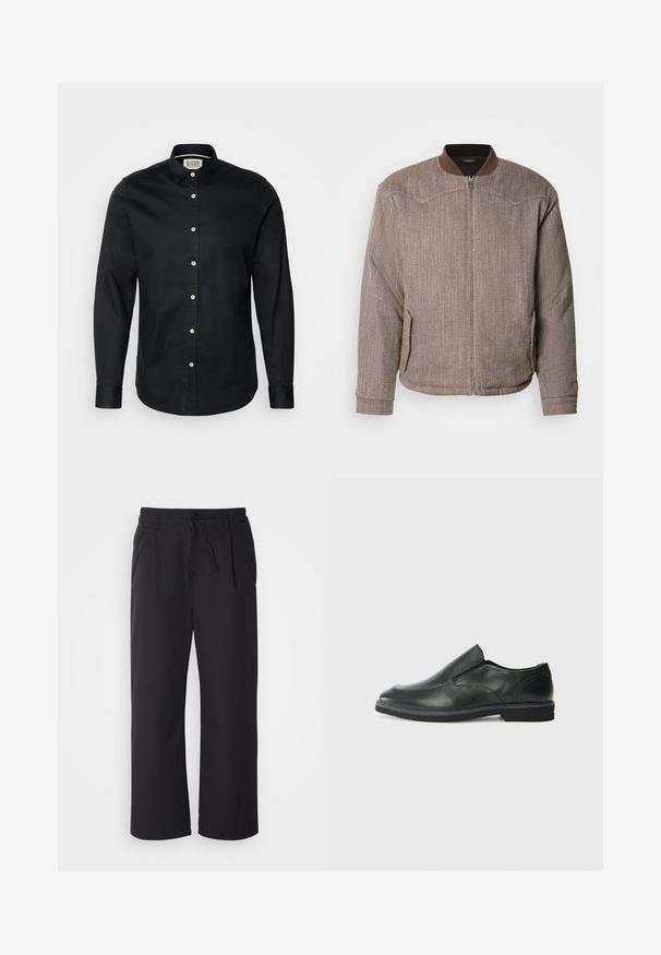 Scotch & Soda REVERSIBLE PADDED JACKET - Bombera - demitasse/eggnog; Čierna košeľa s dlhými rukávmi vyrobená z bavlny, s golierom na gombíky, predným gombíkovým zapínaním a malým vyšívaným logom na hrudi.; Široké nohavice z texturovanej čiernej látky s pásom na šnurovanie, ktoré majú dve predné vrecká a rovný strih.; Čierny kožený nazúvací topánka s hladkým zvrškom, prešitými akcentmi, zaoblenou špičkou a nízkym gumovým podpätkom. Podošva má minimálny dezén.