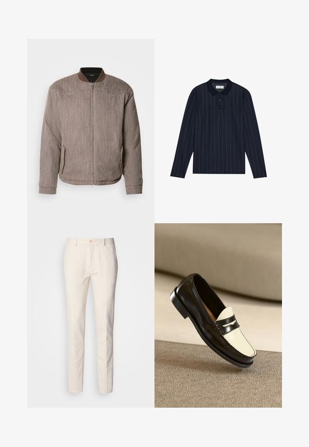 Scotch & Soda REVERSIBLE PADDED JACKET - Bomberjacks - demitasse/eggnog; Marineblauwe polo met lange mouwen en een kraag, voorzien van dunne verticale strepen en een knoopsluiting met drie knopen. Zachte stofstructuur.; Lichtbeige, op maat gemaakte broek van zachte stof. Heeft een knoopsluiting, riemlussen en een slim rechtmodel met minimale textuur.; Zwarte leren instapper met een crèmekleurige bovenkant en zwarte accentstrepen, kenmerkend door een lage hak en gedetailleerde stiksels langs de randen.