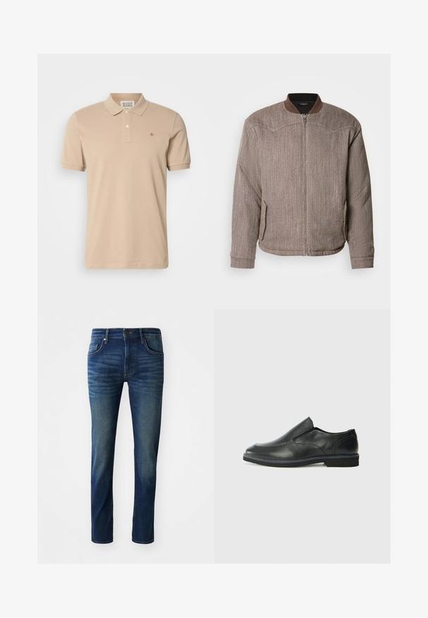 Scotch & Soda REVERSIBLE PADDED JACKET - Chaquetas bomber - demitasse/eggnog; Camisa polo beige hecha de algodón, con cuello clásico, mangas cortas y un pequeño logo bordado en el pecho. Con tapeta de dos botones.; Jeans de mezclilla azul oscuro con corte ajustado, que cuentan con cinco bolsillos, un cierre frontal con botón y una sutil textura desgastada en las piernas.; Zapato negro de cuero sin cordones con un upper suave, detalles de costura, punta redonda y un bajo tacón de goma. La suela presenta una tracción mínima.