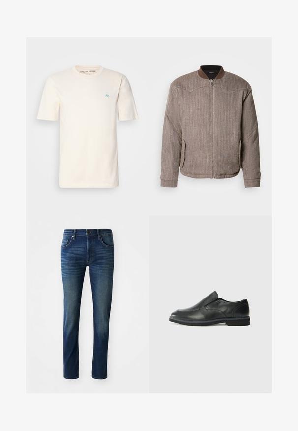 Scotch & Soda REVERSIBLE PADDED JACKET - Giubbotto Bomber - demitasse/eggnog; T-shirt in cotone color crema con maniche corte, colletto a girocollo e un piccolo emblema blu sul petto sinistro. Morbido al tatto e vestibilità rilassata.; Jeans in denim blu scuro con una vestibilità slim, dotati di cinque tasche, chiusura con bottone frontale e una leggera trama sfumata sulle gambe.; Scarpa nera in pelle con inserto scivolare, superiore liscio, dettagli cuciti, punta arrotondata e tacco in gomma basso. La suola presenta un battistrada minimale.