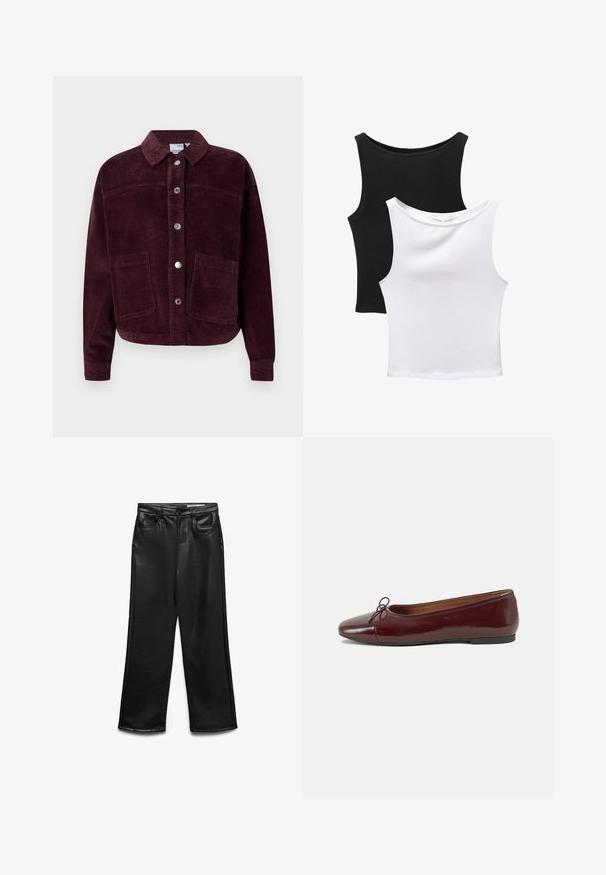 Burgundska kord jakna s ovratnikom, sprednjim gumbnim zapiranjem in dvema velikima žepoma. Ima teksturirano tkanino in skrajšan kroj.; Dve brezrokavne majice v črni in beli barvi, izdelane iz bombaža. Imajo okrogle izreze in prilegajoč dizajn z gladko teksturo.; Široke hlače iz umetnega usnja v črni barvi z sprednjimi žepi, zankami za pas in subtilnim sijajem. Gladek tekstura in krojena prileganje.; Burgundska patenti usnjeni baletni čevlji z zaobljenim prstom, majhnim lokom na sprednji strani in nizkim črnim gumijastim podplatom. Gladka tekstura.