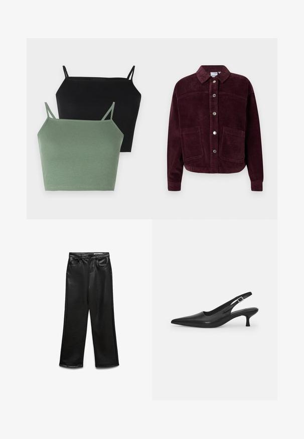 Burgundy cordfløjljakke med krave, foran knaplukning og to store påsyede lommer. Har tekstureret stof og en cropped pasform.; To ribbede toppe: en i sort og en i salviegrøn, med tynde justerbare stropper og en tætsiddende silhuet.; Sorte bukser i bred benvidde lavet af kunstlæder med frontlommer, bæltestropper og en diskret glans. Glat tekstur og skræddersyet pasform.; Sort læder slingback-sko med spids tå og en slank, buet hæl. Har en diskret justerbar rem med en metalspænde.