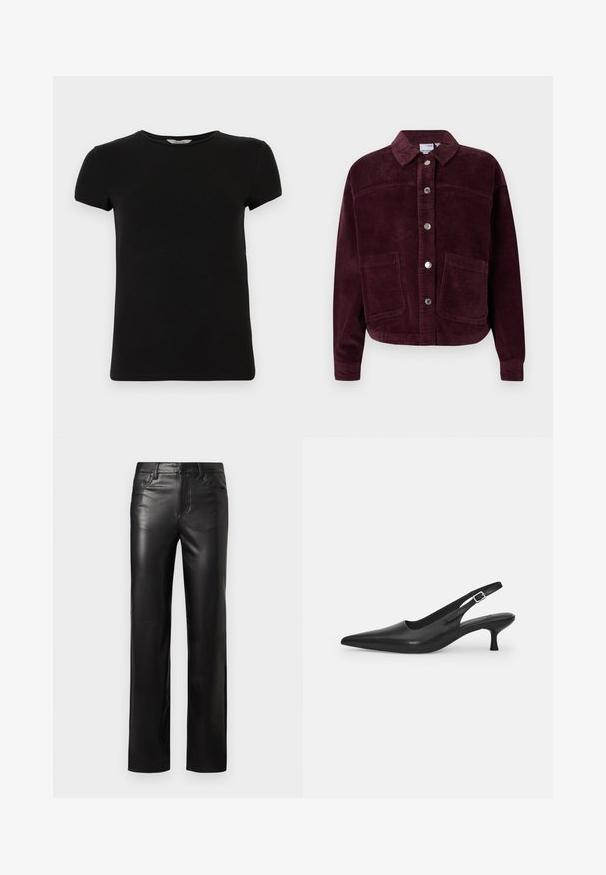 Tamsiai raudonos spalvos dėvėta švarkas, pagamintas iš kordūro, su apykakle, priekyje užsegamas mygtukais ir su dviem didelėmis kišenėmis. Išskirtinė tekstūra ir trumpas siluetas.; Juodas trumpas rankovės marškinėliai su apvaliu kaklu, pagaminti iš lygaus medvilnės audinio, su paprastu dizainu ir jokiomis aiškiai matomomis raštų ar akcentų detalėmis.; Juodos odinės kelnės tiesiu kirpimu, su mygtukų uždarymu ir priekinėmis kišenėmis. Lygus paviršius su subtiliomis siuvimo detalėmis.; Juodos odinės slingback bateliai su smailiu nosiu ir plonu, lenktu kulnu. Yra diskretiška reguliuojama juostelė su metaliniu sagtimi.