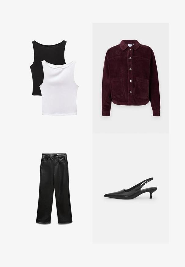 Bordeaux corduroy jack met een kraag, sluiting met voorknoop en twee grote opgestikte zakken. Heeft een textuurstof en een cropped pasvorm.; Twee mouwloze tops in zwart en wit, gemaakt van katoen. Beschikken over ronde halslijnen en een fitted ontwerp met een gladde textuur.; Zwarte wijde broek van imitatieleer met voorzakken, riemlussen en subtiele glans. Soepele textuur en nauwsluitende pasvorm.; Zwarte leren slingback schoen met een puntige neus en een slanke, gebogen hak. Voorzien van een discrete verstelbare band met een metalen gesp.