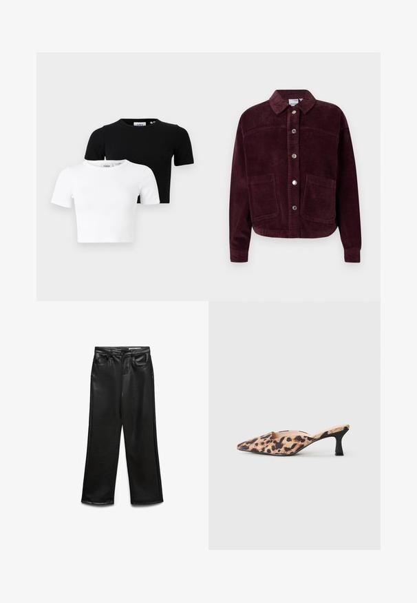 Tumedast punane korduroojakk, millel on krae, esine nupulukuga ja kaks suurt paigaldustaskut. Omab struktuurset kangast ja kroobitud lõiget.; Kaks lühikeste varrukatega lühikeste T-särkide komplekt mustas ja valges, ribakanga materjalist ümmarguse kaeluse ja liibuva disainiga.; Mustad kunstnahast laiade säärtega püksid esitaskutega, vööaasadega ja õrnalt läikiva pinnaga. Sile tekstuur ja kohandatud sobivus.; Kitsas varvastega mule kingad leopardimustriga pealispinnaga ja madala musta kassi kontsaga heledal taustal.