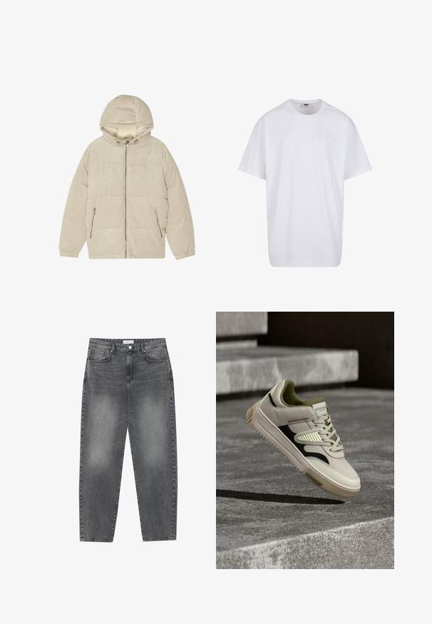Beeži kangri puffernahk, millel on kapuuts, esi tõmblukk, kaks küljetaskut tõmblukuga ja elastsed mansetid mugavaks sobitamiseks.; Valge puuvillane t-särk lühikeste varrukatega, ümmarguse kaelusega, lõdva lõikega ja ilma nähtavate logodeta või mustriteta. Sile tekstuur ja minimaalne disain.; Kõrgema vöökohtadega, lõdva lõikega teksad, mis on valmistatud tuhmist mustast denimist. Selles on viis taskut, traksid ja puhas, sirge säärelõige.; Kreemjast nahast tennisetossud tume roheliste aktsentidega, tekstureeritud paneelid, must külgtriip ja robustne kummist tallaga, tõstetud betoonpinna kohal.