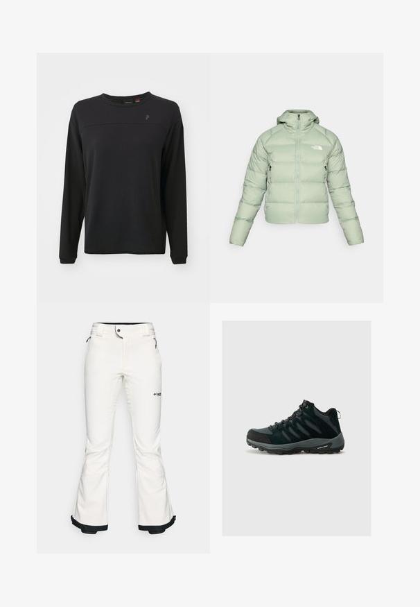 Gaiši zaļš pūkains mētelis ar kapuci, priekšā ar rāvējslēdzēju un sānu kabatām. Iezīmēts ar šūtām horizontālām sekcijām siltumizolācijai. Logo uz krūtīm.; Melnas garām piedurknēm krekls ar teksturētu audumu, apaļu kakla izgriezumu un plūstošu logo uz krūtīm. Iespējama brīva piegriezuma un adīta apdare.; Baltas slēpošanas bikses, kas izgatavotas no mīksta, elastīga materiāla. Aizdare ir pielāgota viduklim, plašas, izplestas kājas un melns apdare pie piedurknēm. Redzams zīmola logo.; Columbia REDMOND - Pārgājienu apavi - black/citron haze