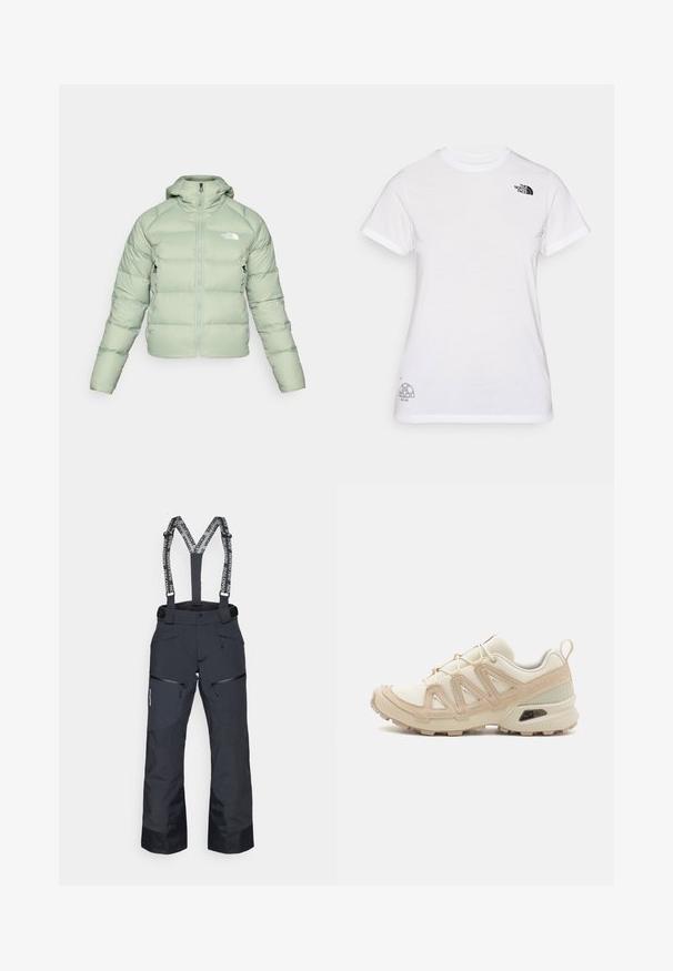 Giacca puffer verde chiaro con cappuccio, zip frontale e tasche laterali. Presenta sezioni orizzontali cucite per l'isolamento. Logo sul petto.; T-shirt bianco in cotone con un logo nero sul lato sinistro del petto e un design grafico grigio in basso a destra. Collo rotondo classico e maniche corte.; Pantaloni da sci neri con bretelle regolabili, tasche con zip e pannellatura testurizzata. Presentano orli rinforzati per una maggiore durata.; Scarpa atletica beige e crema con tomaia in mesh testurizzato, sovrapposizioni supportive e suola in gomma con un motivo a tasselli per la trazione.