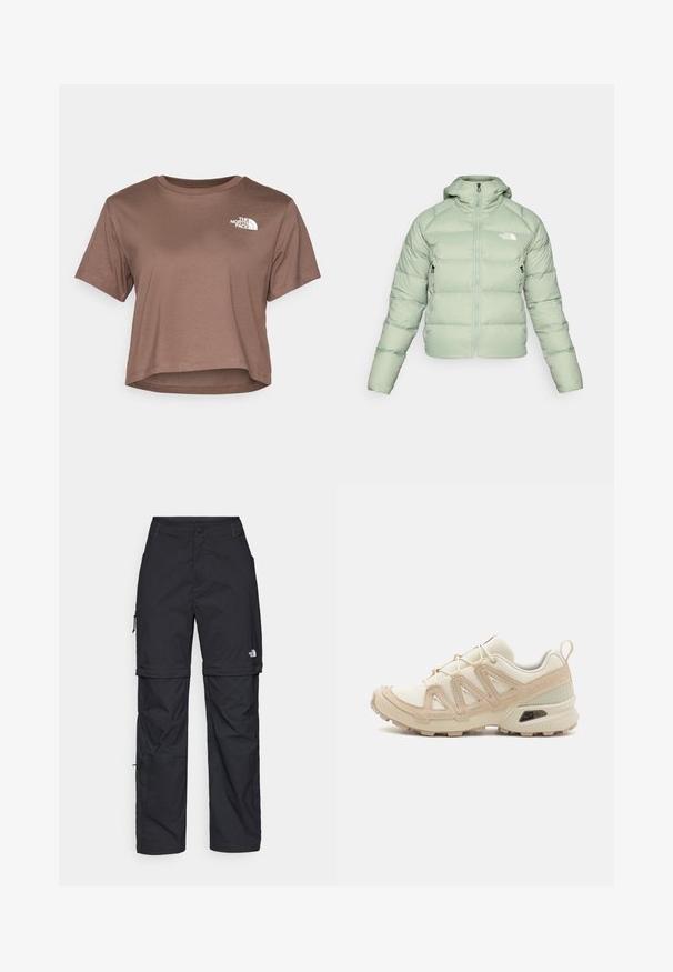 Ljust grön puffjacka med huva, dragkedja fram och sidofickor. Har sydda horisontella sektioner för isolering. Logotyp på bröstet.; The North Face SIMPLE DOME CROPPED SLIM TEE - T-shirt med print - smokey brown; Svarta nylonbyxor med avtagbara ben, justerbara muddar, flera fickor och en logotyp på högra benet. Slät, lätt textur.; Beige och krämfärgad atletisk sko med texturerad meshovandel, stöttande överdrag och gummisulor med ett mönster för grepp.