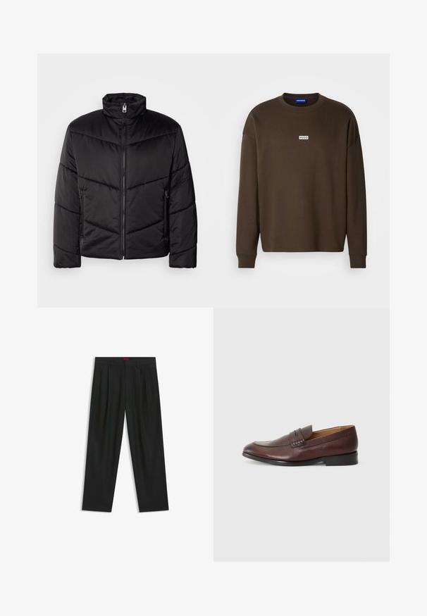 Giacca a vento nera con collo alto, chiusura a zip, motivi di trapuntatura diagonale e tasche laterali con dettagli in zip.; Felpa marrone a maniche lunghe realizzata in cotone, con scollo rotondo e un piccolo logo bianco "HUGO" sul petto. Tessuto strutturato.; Pantaloni neri con un design plissè, forma a gamba larga e texture liscia. Presentano un'etichetta rossa in vita.; JOOP! KLEITOS - Scarpe senza lacci - brown