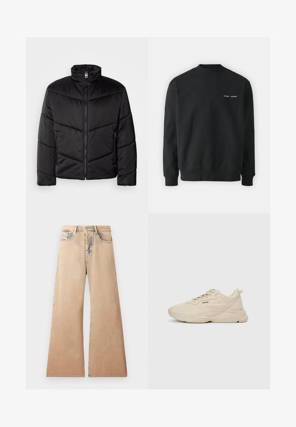 Čierna pufová bunda s vysokým golierom, zipsom, diagonálnym prešívaním a bočnými vreckami so zipsovými detailmi.; Čierna mikina s okrúhlym výstrihom, rebrovanými manžetami a lemom. Obsahuje malé biele logo na ľavej hrudi. Vyrobená z mäkkého materiálu.; Bežové široké džínsy s vyblednutou textúrou, päť vreciek a prešívanými detailmi pozdĺž švov. Pás má tradičné gombíkové zapínanie.; Svetlo béžové tenisky s hladkým vrchom podobným kože, viazaním, jemným logom a hrubou, struktúrovanou podrážkou.