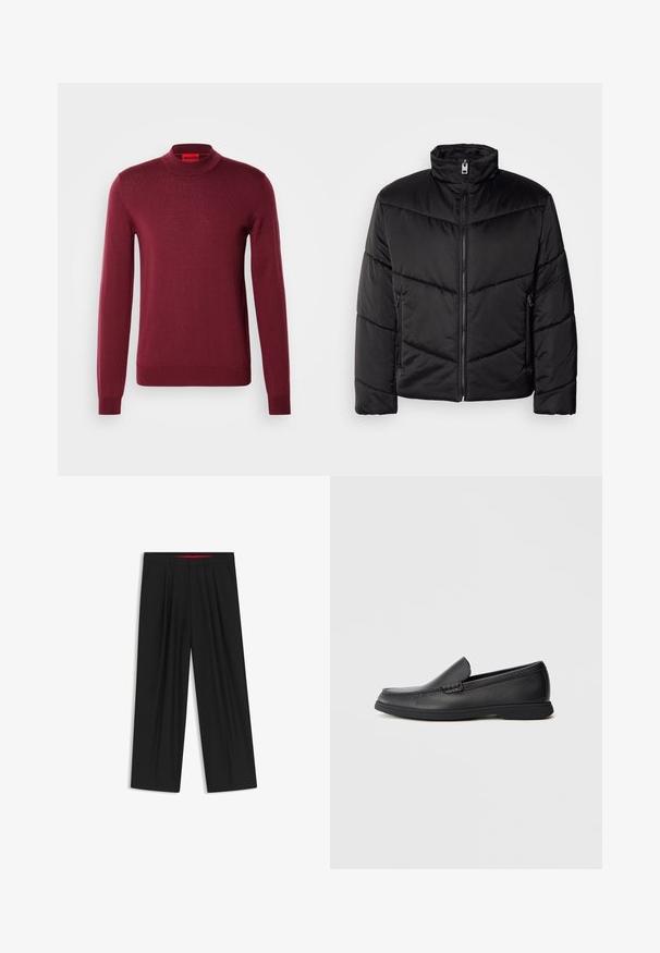 Giacca a vento nera con collo alto, chiusura a zip, motivi di trapuntatura diagonale e tasche laterali con dettagli in zip.; Maglione borgogna a maniche lunghe in un tessuto a coste, con collo alto e una silhouette aderente, dotato di un piccolo logo sull'orlo.; Pantaloni neri a gamba larga con fronte piatto, due tasche laterali, design plissettato e un elastico in vita di colore rosso a contrasto.; Mocassino slip-on in pelle nera con sopra testurizzato, punta arrotondata, tacco basso e suola in gomma, mostrato in profilo laterale su sfondo bianco.