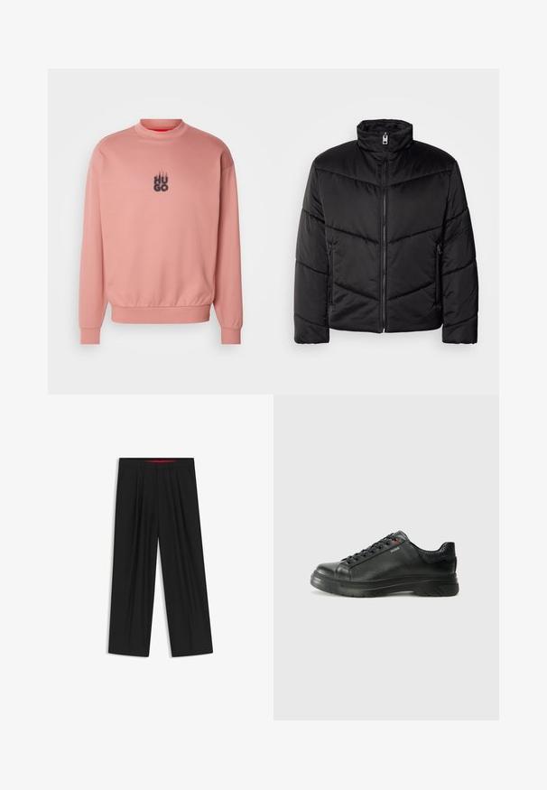 Black puffer jacket featuring a high neck, zip closure, diagonal quilting patterns, and side pockets with zipper details.; Pink sweatshirt with a high neckline and long sleeves. Features a contrasting black "HUGO" logo above a flame design. Smooth texture.; Black wide-leg trousers with a flat front, two side pockets, pleated design, and a contrasting red interior waistband.; Black leather sneaker with textured upper, padded collar, and red logo detail. Features a thick rubber sole with distinct tread pattern.
