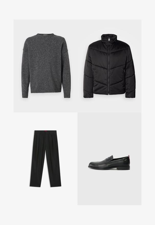 Black puffer jacket featuring a high neck, zip closure, diagonal quilting patterns, and side pockets with zipper details.; Dark grey speckled knit sweater with long sleeves, crew neckline, and ribbed cuffs and hem, displayed on a white background.; Black trousers with a pleated design, wide leg shape, and a smooth texture. Features a red waistband tag.; Black leather loafers with a textured front panel and smooth sides. Features a slim heel and rear loop for easy wear. Classic design.