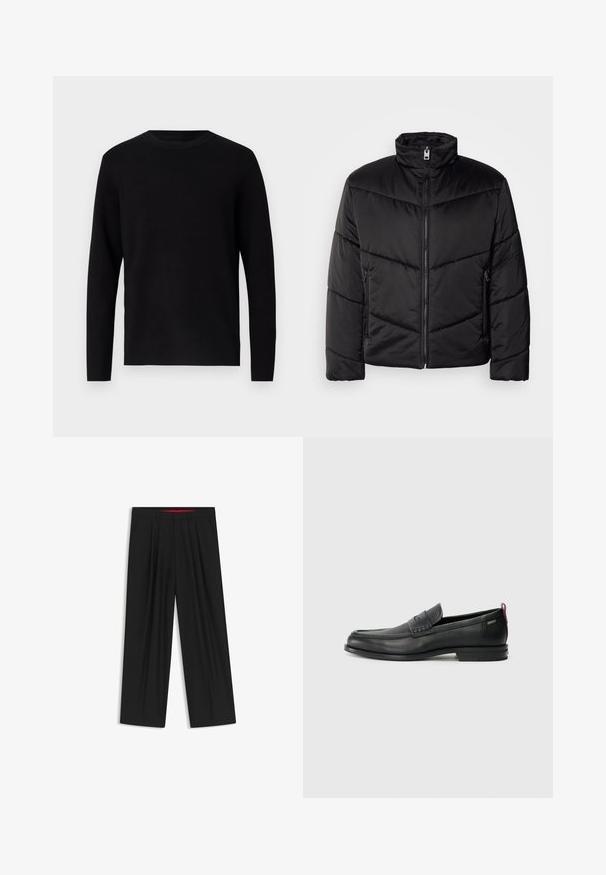 Schwarze Pufferjacke mit hohem Kragen, Reißverschluss, diagonalen Steppmustern und seitlichen Taschen mit Reißverschlüssen.; Schwarzer Strickpullover mit Rundhalsausschnitt und langen Ärmeln. Glatte Textur und einfarbig, ohne sichtbare Muster oder Akzente.; Schwarze weit geschnittene Hosen mit flachem Bund, zwei seitlichen Taschen, gefaltetem Design und einem kontrastierenden roten Innenbund.; Schwarze Lederloafers mit einem strukturierten Vorderteil und glatten Seiten. Sie verfügen über einen schmalen Absatz und eine Schlaufe an der Rückseite für einfaches Anziehen. Klassisches Design.