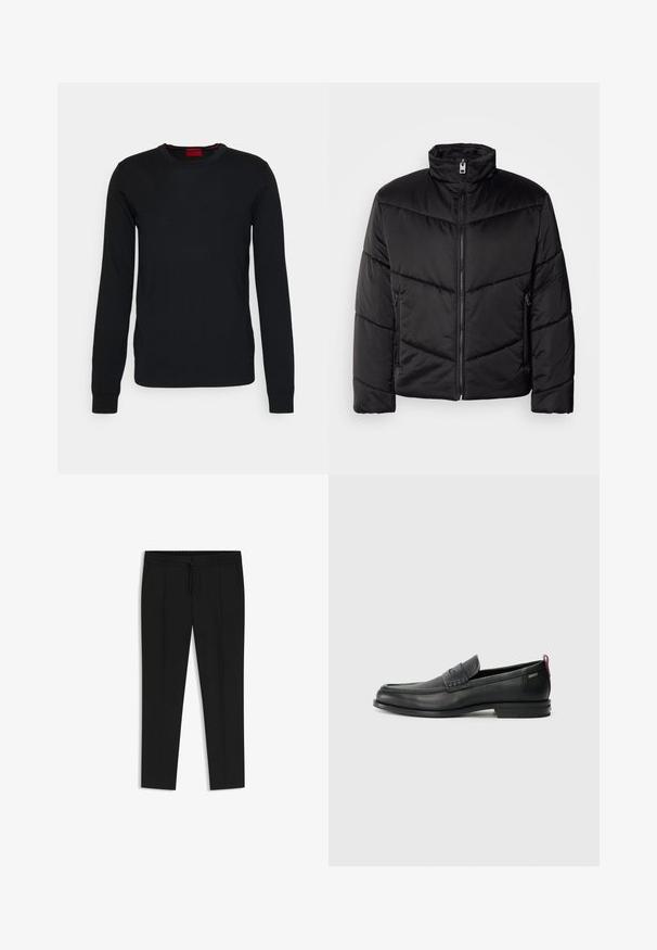 Czarna puchowa kurtka z wysokim kołnierzem, zapięciem na zamek, skośnymi wzorami pikowania oraz bocznymi kieszeniami z detalami na zamek.; HUGO SAN CEDRIC czarny; Czarne spodnie z paskiem na sznurku w pasie, plisowany przód, zwężane nogawki i gładka tekstura materiału. Brak dodatkowych wzorów lub detali.; Czarne skórzane mokasyny z teksturowanym frontem i gładkimi bokami. Posiadają smukłą podeszwę i tylną pętelkę dla łatwego zakładania. Klasyczny design.