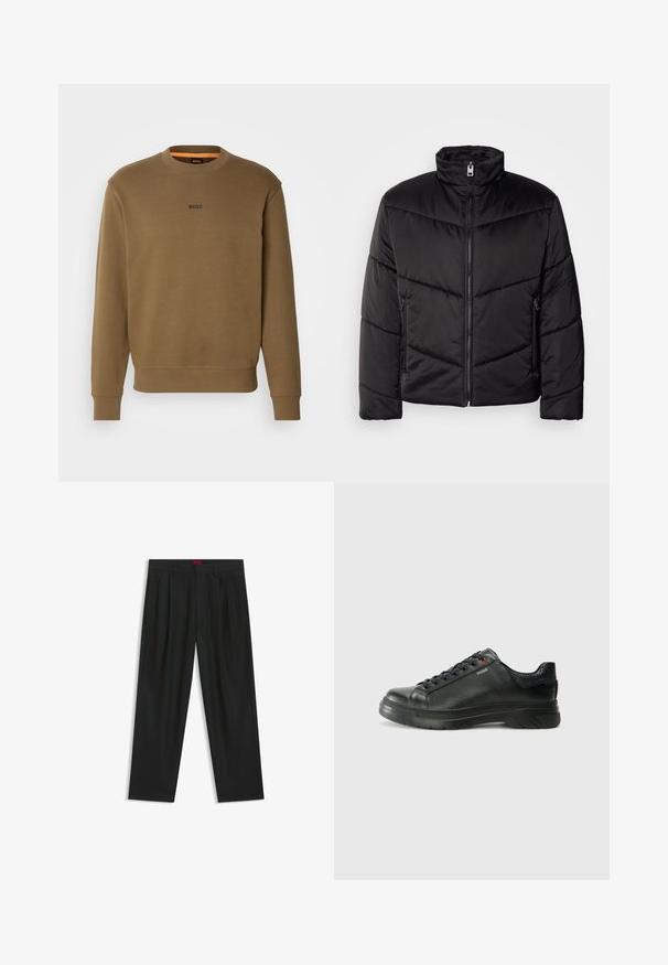 Giacca a vento nera con collo alto, chiusura a zip, motivi di trapuntatura diagonale e tasche laterali con dettagli in zip.; BOSS Felpa - open green; Pantaloni neri con un design plissè, forma a gamba larga e texture liscia. Presentano un'etichetta rossa in vita.; Sneaker nera in pelle con superficie testurizzata, collo imbottito e dettaglio logo rosso. Presenta una suola in gomma spessa con un motivo di battistrada distintivo.