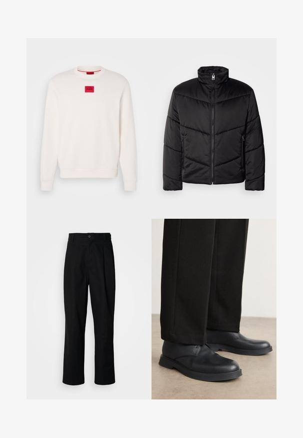 Black puffer jacket featuring a high neck, zip closure, diagonal quilting patterns, and side pockets with zipper details.; Cream-colored sweatshirt with a crew neck, ribbed cuffs, and hem. Features a small red rectangular logo patch labeled "HUGO" on the chest.; Black straight-leg trousers with a buttoned waistband, belt loops, and front crease, displayed against a plain white background.; Black leather shoes with a rounded toe, flat sole, and minimal detailing. Paired with tailored black pants, showing smooth texture.