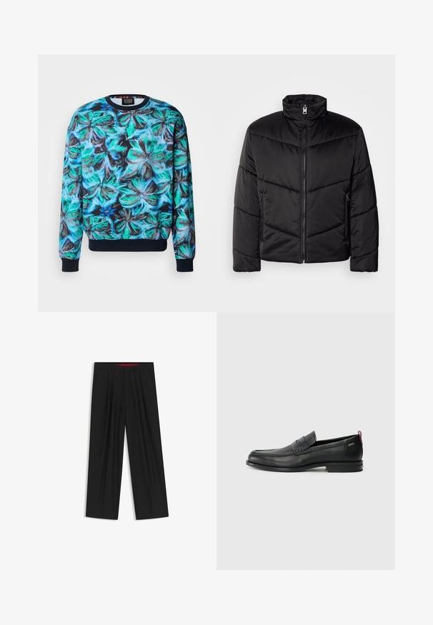 Giacca a vento nera con collo alto, chiusura a zip, motivi di trapuntatura diagonale e tasche laterali con dettagli in zip.; Scotch & Soda DIGITAL PRINT ARTWORK - Felpa - blue; Pantaloni neri a gamba larga con fronte piatto, due tasche laterali, design plissettato e un elastico in vita di colore rosso a contrasto.; Mocassini in pelle nera con un pannello anteriore testurizzato e lati lisci. Presentano un tacco sottile e un anello sul retro per una vestibilità facile. Design classico.