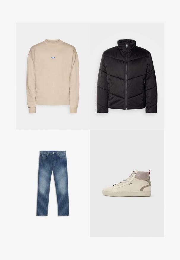 Čierna pufová bunda s vysokým golierom, zipsom, diagonálnym prešívaním a bočnými vreckami so zipsovými detailmi.; Béžová mikina s okrúhlym výstrihom, rebrovanými manžetami a malým modrým obdĺžnikovým logom vyšitou na hrudi. Mäkká textúra.; Džínsy s pruhovaným vzorom, stredne modrej farby, so vyblednutými časťami, rovný strih nohavíc, piatimi vreckami a kovovým gombíkom na zapínanie.; Béžové vyššie tenisky s svetlohnedým sieťovaným golierom, polstrovanou pätnou časťou, šnurovaním vpredu a logom "HUGO" na boku.
