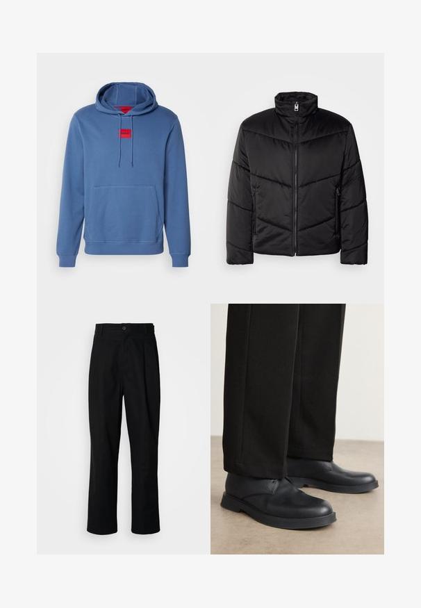 Musta puhallettava takki, jossa on korkea kaulus, vetoketjusulku, vino tikkauskuvio ja sivutaskut vetoketju yksityiskohdilla.; Sininen puuvillahuppari, jossa on kaksinkertainen huppu, kengurutasku ja punainen HUGO-logo. Ribbed hihansuut ja helma varmistavat mukautuvan istuvuuden.; Mustat suorat housut napillisella vyötäröllä, vyölenkeillä ja etukaanneksilla, esitelty vaaleaa taustaa vasten.; Mustat nahkakengät, joissa on pyöreä kärki, litteä pohja ja minimaalinen koristelu. Yhdistettyihin korkealaatuisesti tehtyihin mustiin housuihin, jotka näyttävät sileiltä.