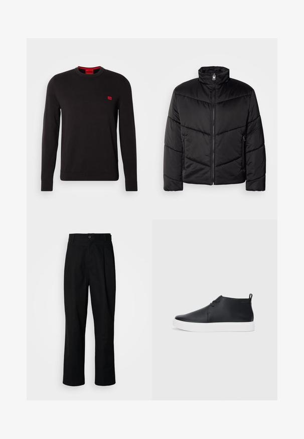 Črna puffer jakna s visokim ovratnikom, z zadrgo na sprednji strani, diagonalko prešitimi vzorci in stranskimi žepi z zadrgo.; Črna pulover s krojnim ovratnikom, izdelan iz mehkega blaga, z dolgimi rokavi, rebrastimi manšetami in majhno rdečo oznako na prsih.; Črne hlače ravnega kroja z gumbastim pasom, zanke za pas in sprednjim pregibom, prikazane na enobarvnem belem ozadju.; Črne usnjene visoke superge s gladko površino, bela gumijasta podloga in preprosta zasnova vezalk. Imajo držalo na hrbtni strani.