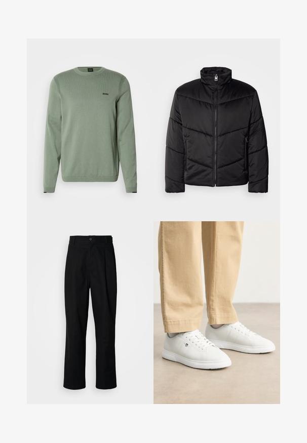 Černá péřová bunda s vysokým límcem, zipovým zapínáním, šikmými prošívacími vzory a bočními kapsami se zipovými detaily.; Světle zelený pletený svetr s dlouhými rukávy, kulatým výstřihem, hřebínkovými detaily a černým logem "BOSS" na hrudi. Hladká textura.; Černé kalhoty s rovnými nohavicemi, s páskem na knoflíky, poutky na opasek a předními záhyby, vystavené na jednoduchém bílém pozadí.; Bílé kožené tenisky s hladkým povrchem, kulatou špičkou, šněrováním a decentním logem na boku, spárované s béžovými kalhotami.