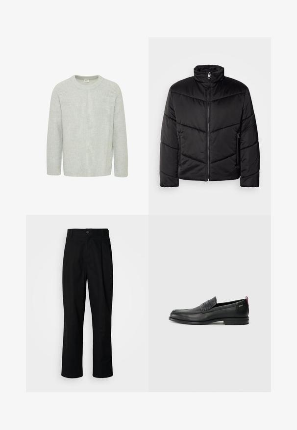 Črna puffer jakna s visokim ovratnikom, z zadrgo na sprednji strani, diagonalko prešitimi vzorci in stranskimi žepi z zadrgo.; Svetlo siva, rebrasta pletenina s krojem na vratu in polovičnimi rokavi, ki ima teksturiran vzorec in ohlapen kroj.; Črne hlače ravnega kroja z gumbastim pasom, zanke za pas in sprednjim pregibom, prikazane na enobarvnem belem ozadju.; Črne usnjene loafer čevlje z teksturiranim sprednjim delom in gladkimi stranmi. Imajo ozko peto in zadnji zanko za enostavno obuvanje. Klasična zasnova.