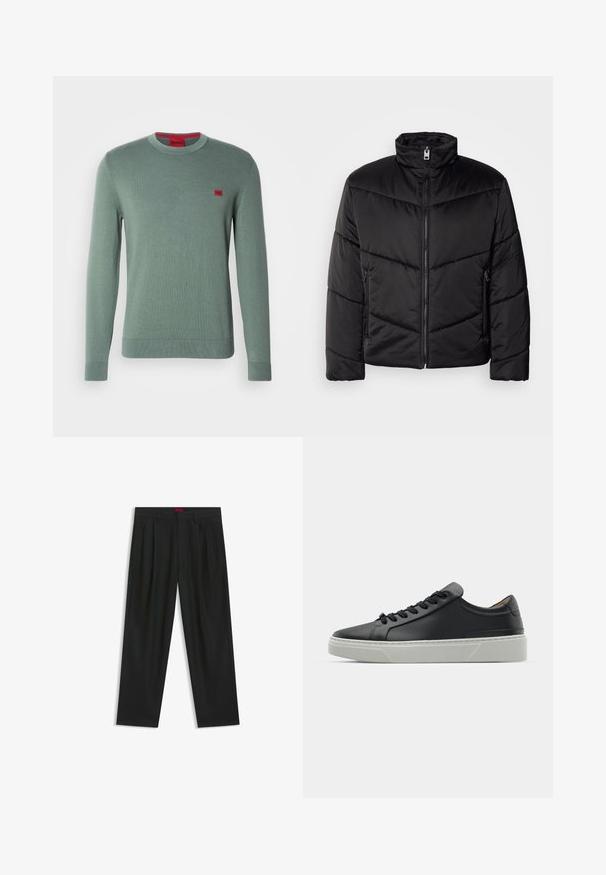 Giacca a vento nera con collo alto, chiusura a zip, motivi di trapuntatura diagonale e tasche laterali con dettagli in zip.; Maglione verde lavorato a maglia con maniche lunghe, scollo rotondo e polsini a costine. Presenta una piccola etichetta con logo rosso sul petto. Texture liscia, design minimale.; Pantaloni neri con un design plissè, forma a gamba larga e texture liscia. Presentano un'etichetta rossa in vita.; Sneaker in pelle nera con una texture liscia, punta rotonda e lacci neri. Presenta una suola in gomma bianca spessa con sottili accenti geometrici.