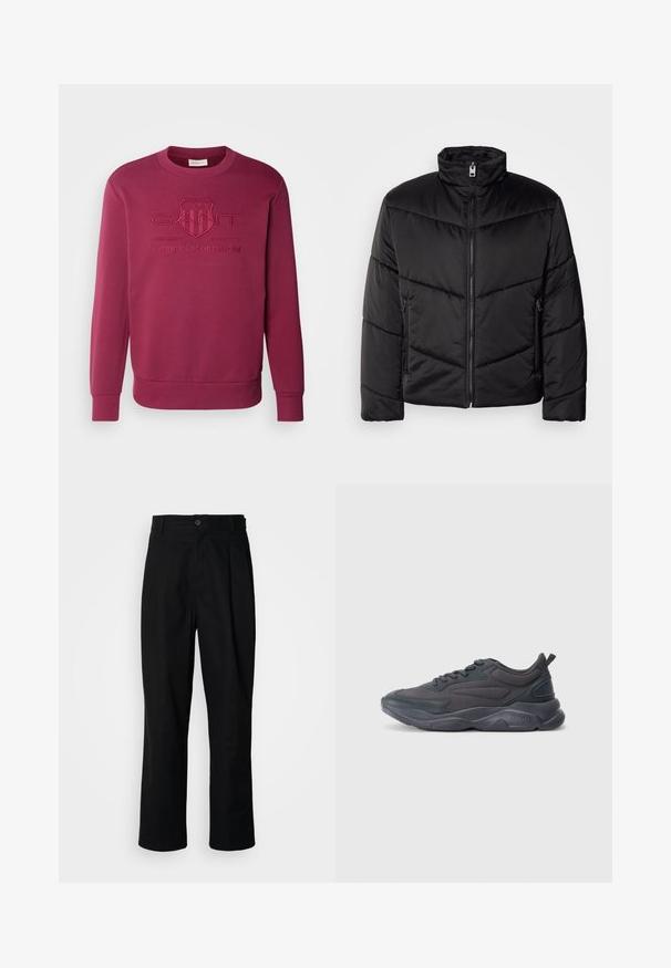 Svart dunjakke med høy nakke, glidelåsforsegling, diagonale quiltede mønstre og sidelommer med glidelåsdetaljer.; GANT TONAL SHIELD C NECK - Sweatshirt - rich wine; Sorte bukser med rette ben, med knappet liv, belteholdere og frontfold, vist mot en enkel hvit bakgrunn.; Sorte sportsko med mesh- og syntetisk overdel, med rund tå, strukturert såle og fremtredende merkevarelogo på hælen.