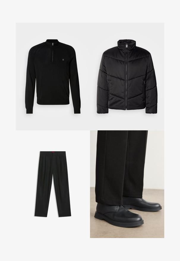 Svart pufferjacka med hög krage, dragkedjestängning, diagonala quiltmönster och sidofickor med dragkedjedetaljer.; Svart stickad tröja med halvmatchande krage, ribbade ärmslut, texturerade axeldetaljer och en liten logga på bröstet.; Svarta byxor med vikta detaljer, bred benform och en slät textur. Har en röd midjebandsetikett.; Svarta läderskor med rund tå, platt sula och minimal detaljering. Matchas med skräddarsydda svarta byxor som har en jämn yta.